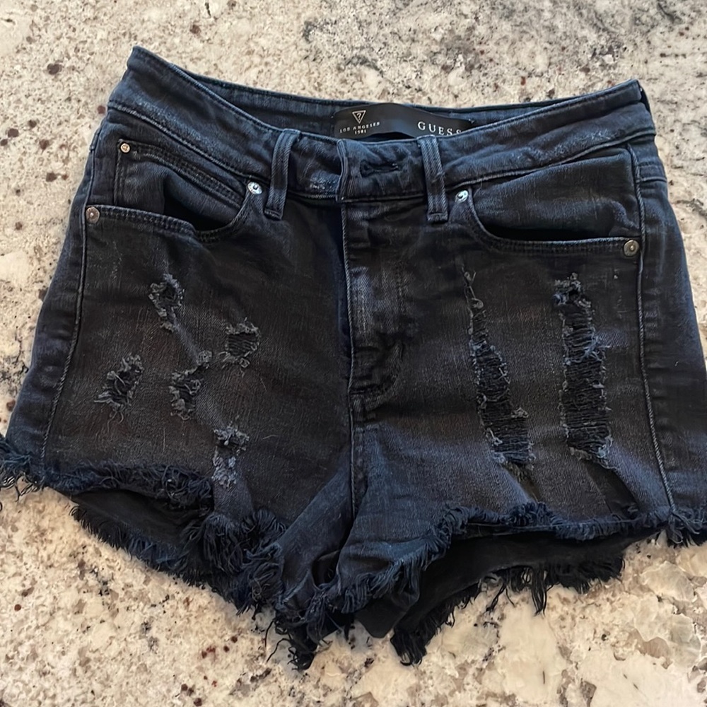 Guess black jean distressed shorts
